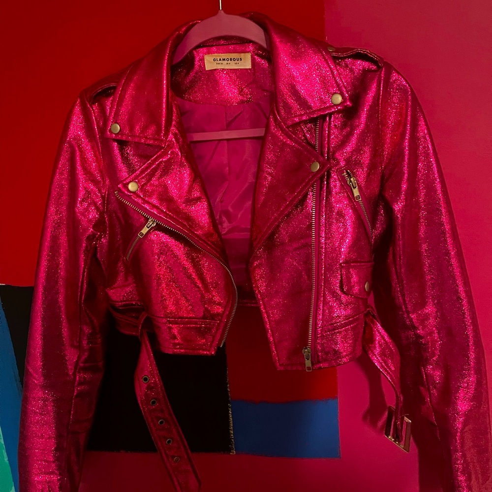 Pink metallic cropped vegan leather jacket.